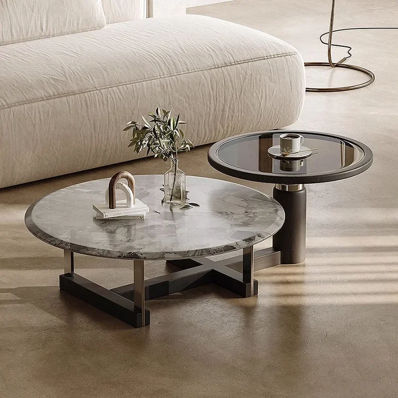 

Italian-style high-end marble-sized round coffee table combination light luxury high-grade sense wood skin home designer solid w