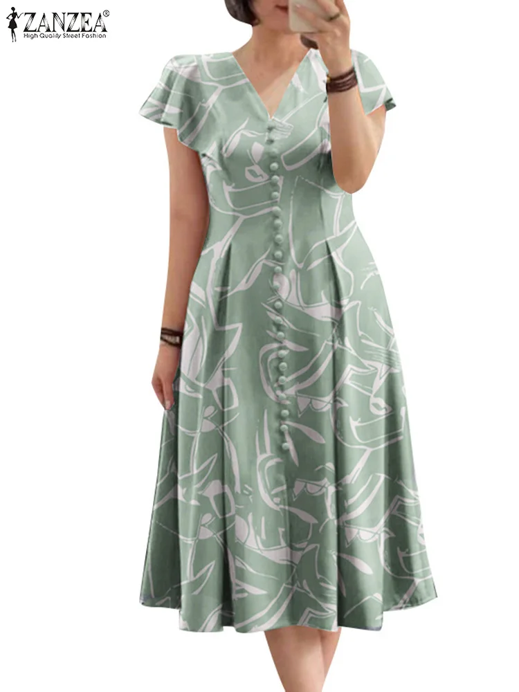 2024 ZANZEA Summer Casual Holiday Work Dress Bohemian Floral Printed Sundress Women Elegant V Neck Short Sleeve Midi Vestido