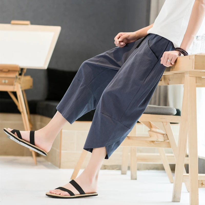 

Летние льняные хлопковые свободные тонкие брюки-капри для мужчин, молодежные шорты в стиле Vitality, повседневные свободные леггинсы, модный бренд