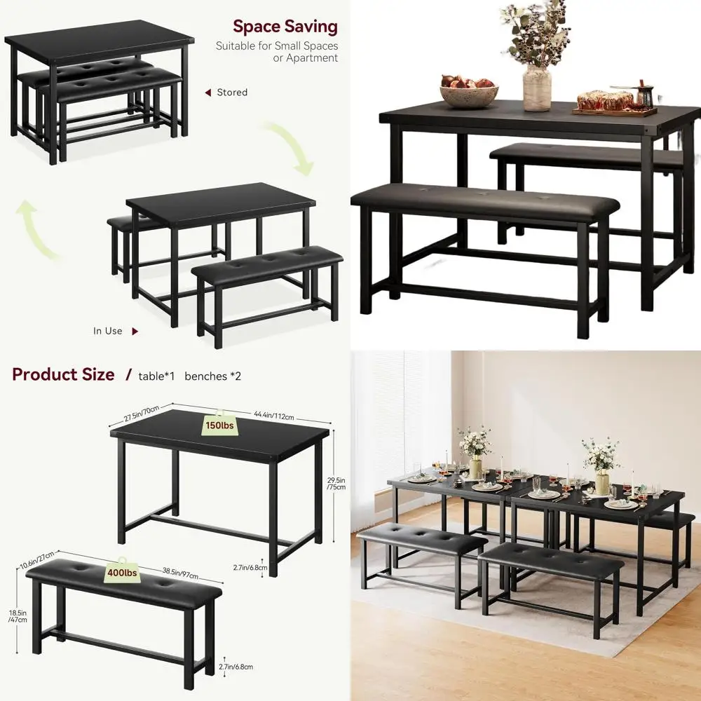 Space-Saving 4-Seat Dining Set with Upholstered Benches, Ideal for Apartments, Retro Black