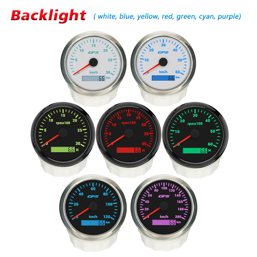 Waterproof Car 85mm GPS Speedometer 0-30km/h 60KMH 200KM/H + 0-3000RPM Tachometer with GPS Antenna and 7 Colors Backlight 9-32V