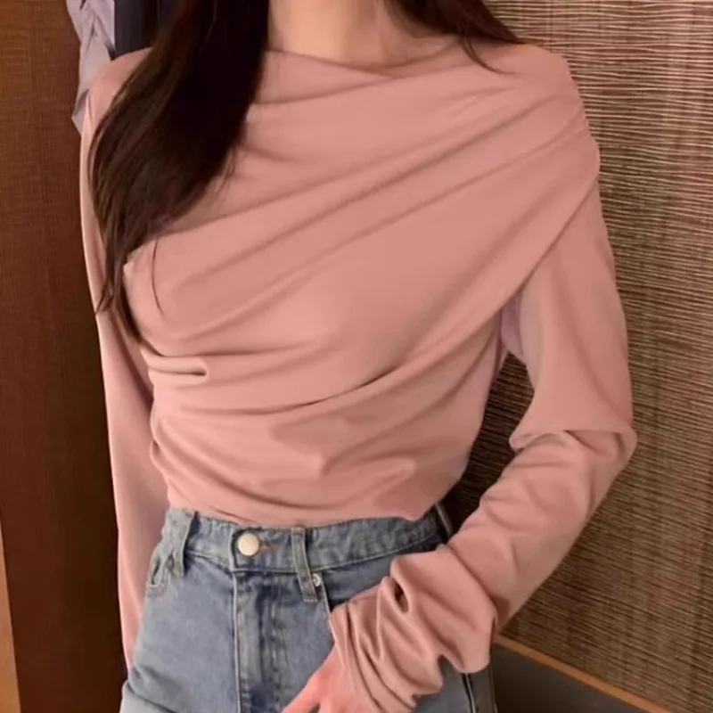 Neploe Skew Collar Off Shoulder T-shirts 2024 Spring New Slim Fit Ruched Tops Women Y2k Long Sleeve All-match Tee Shirt