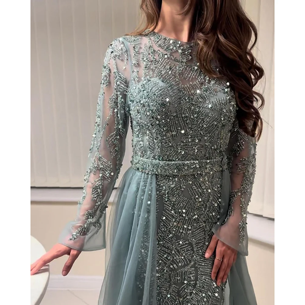 Elegant Evening Dress for Women 2025 Muslim Long Sleeves Mermaid Detachable Train Beads Formal Prom Wedding Party Gown Customizd