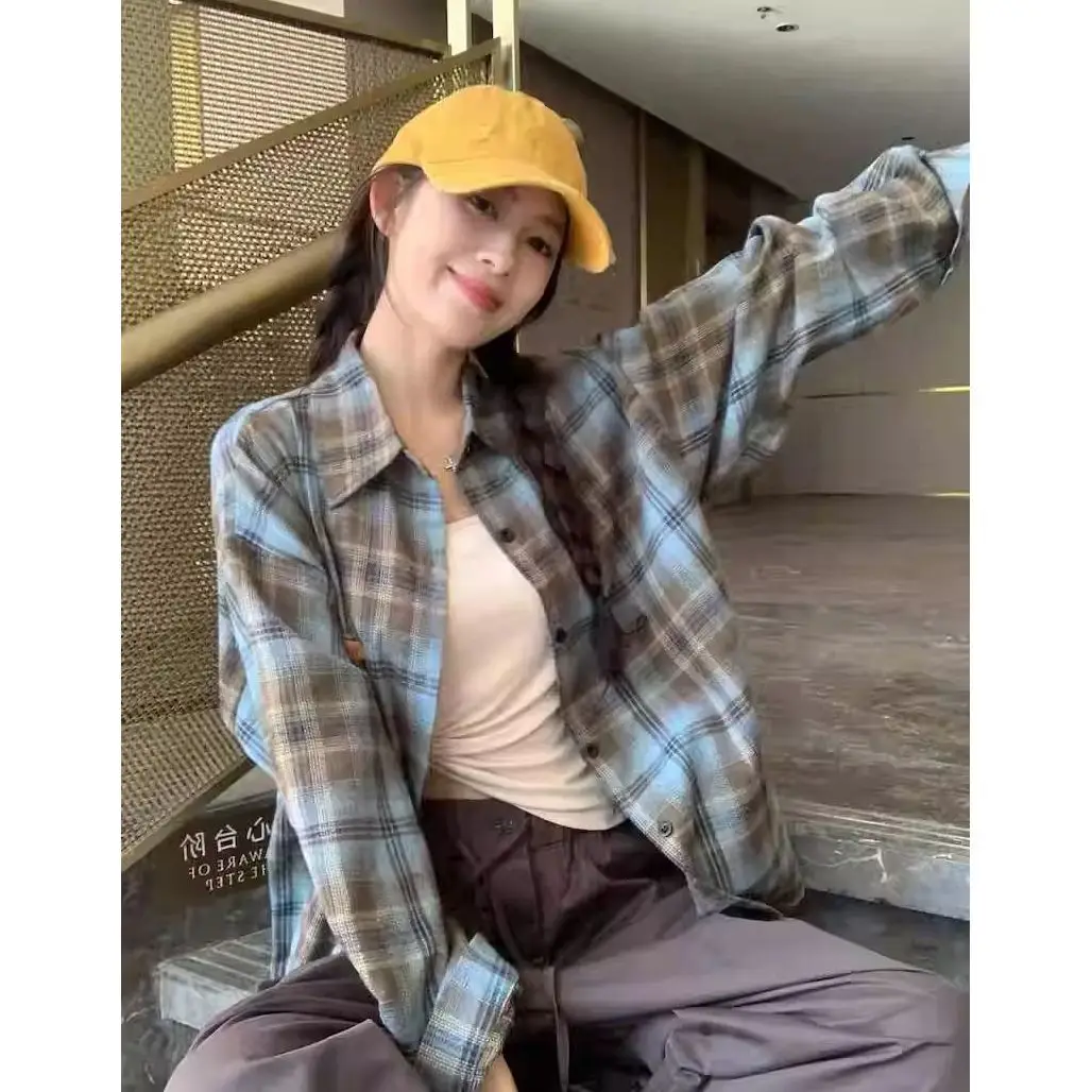 American Style Vintage Plaid Shirt Women's Casual Loose-Fit Street Wear High end Long Sleeve Autumn Jacket Tops Fashion Clothing