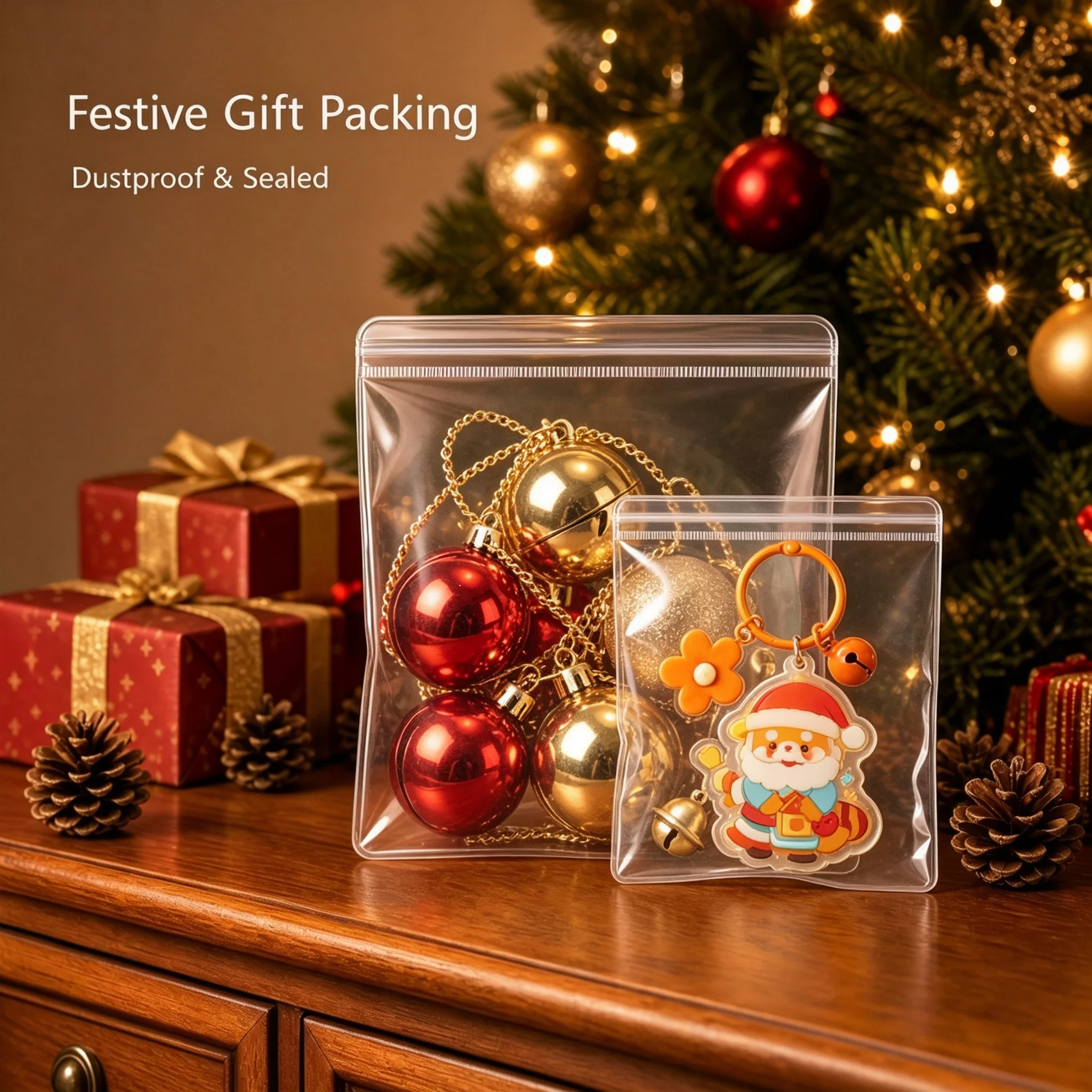 100/300PCS Clear PVC Self Sealing Bags Christmas Gift Packaging Pouches Reusable Plastic Bags for Holiday Party Gift Packing