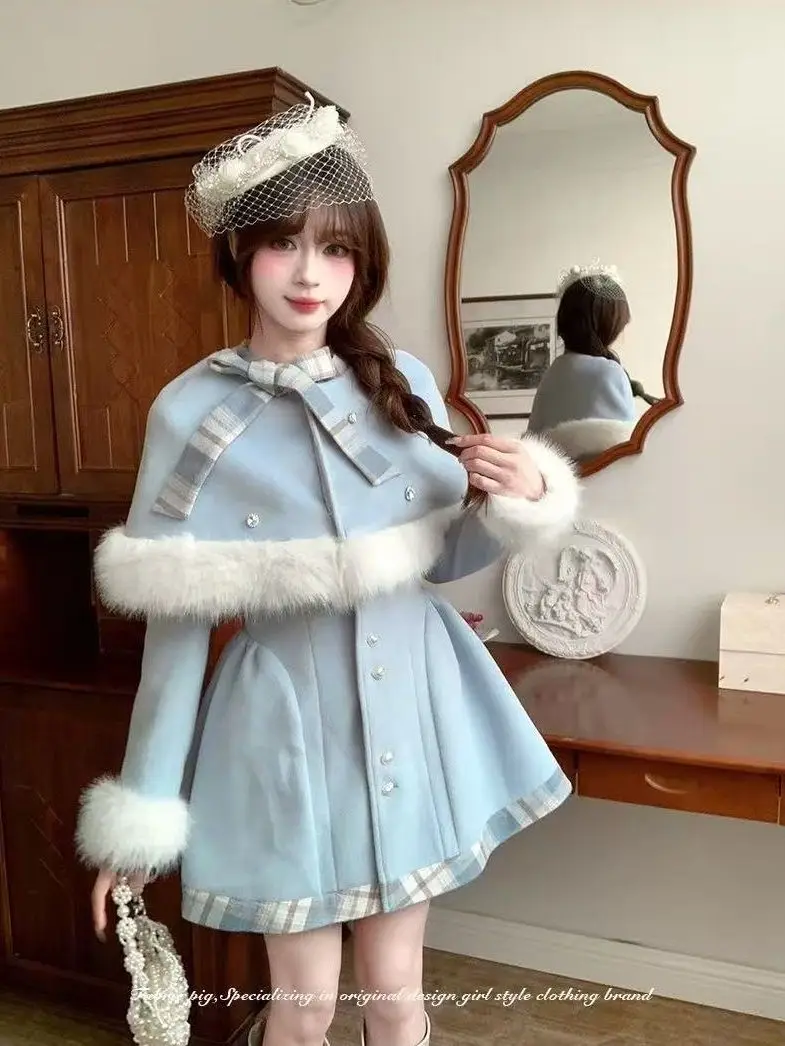 French Princess Style Sweet Woolen Two-piece Sets Winter Cape Coat + Bow Single Breasted Slim Waist Dress Women Y2k Suits