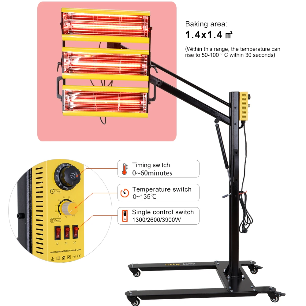 3*1300W Shortwave Infrared Paint Curing Lamp Paint Baking Heat Lamps Dryer Paints