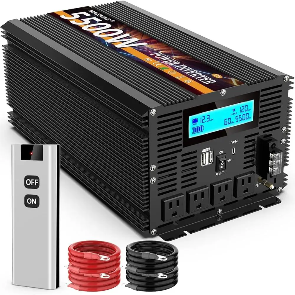 5500W Power Inverter 12V DC to AC 120V Converter RV Camping Off Grid Solar System with Type-C Ports 3 AC Outlets Remote Control