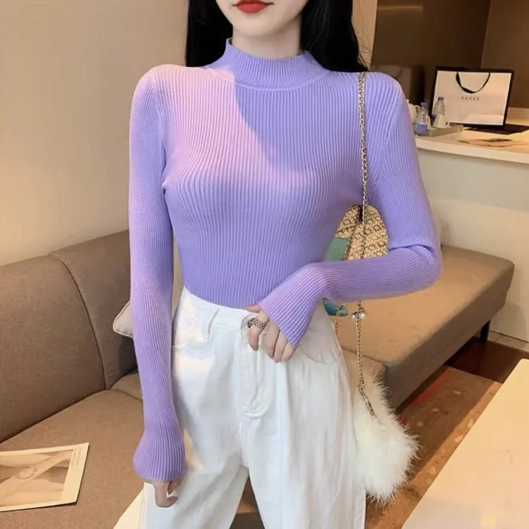 

Vintage Basic Solid Autumn Winter Mock Neck Women Sweater Knitted Tops Casual Slim Pullover Korean Sweaters Simple Chic Jumpers