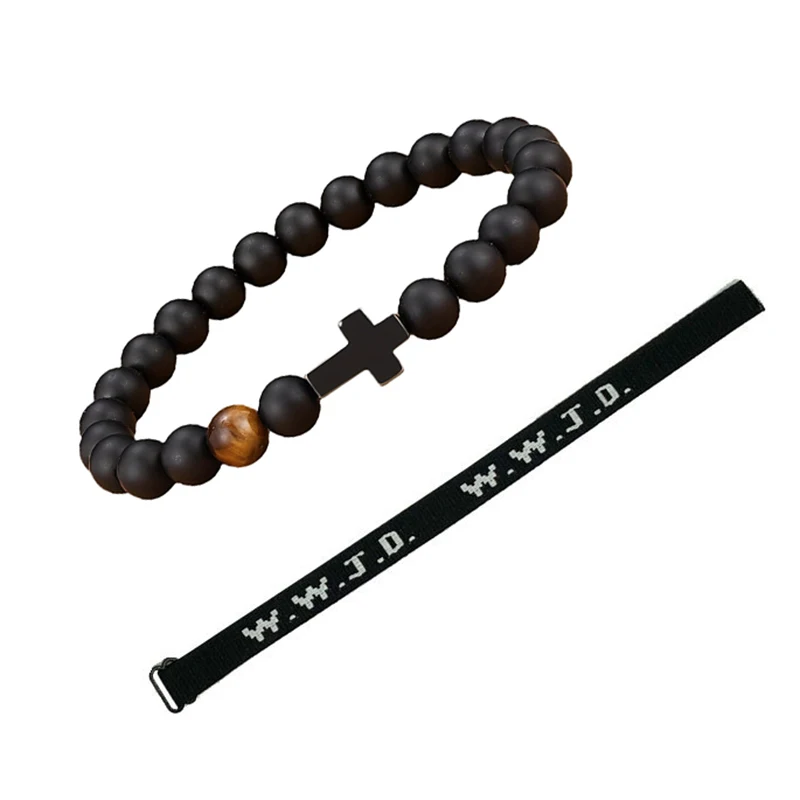 2 Pcs/Set Black WWJD Letter Jacquard Knit Wristband Cross Bead Bracelet For Men Christian Jewelry