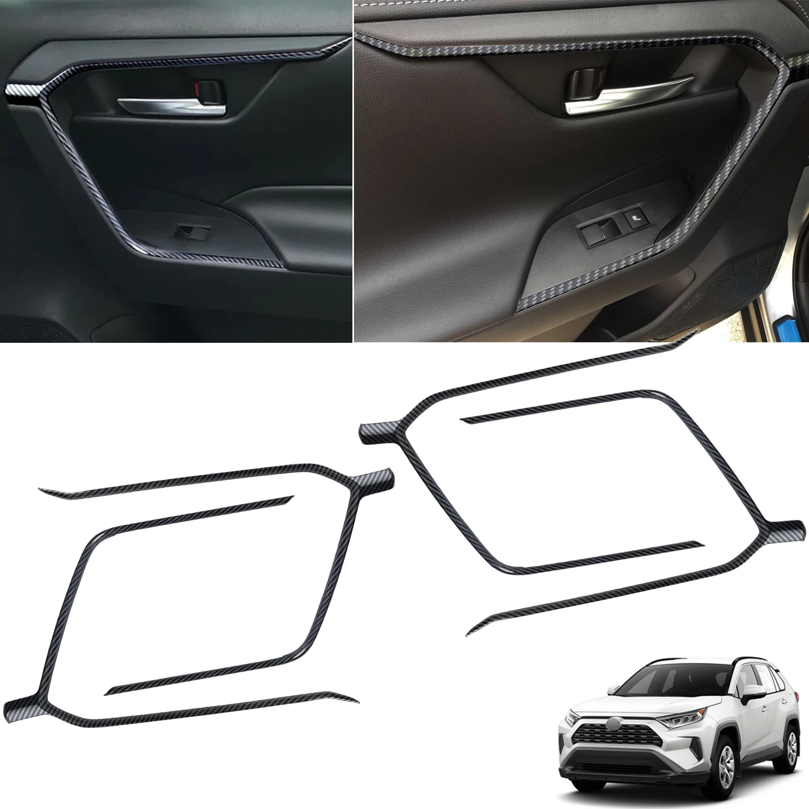 Carbon Fiber Style Interior Door Armrest Panel Strip Cover Molding Trims Stripe Overlay For Toyota RAV4 2019 2020 2021 2022 2023