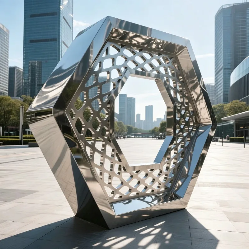 Irregular Polygon Hollow Mesh Stainless Steel Sculpture Mirror Polished Custom Outdoor Villa Urban Commercial Plaza Landscape