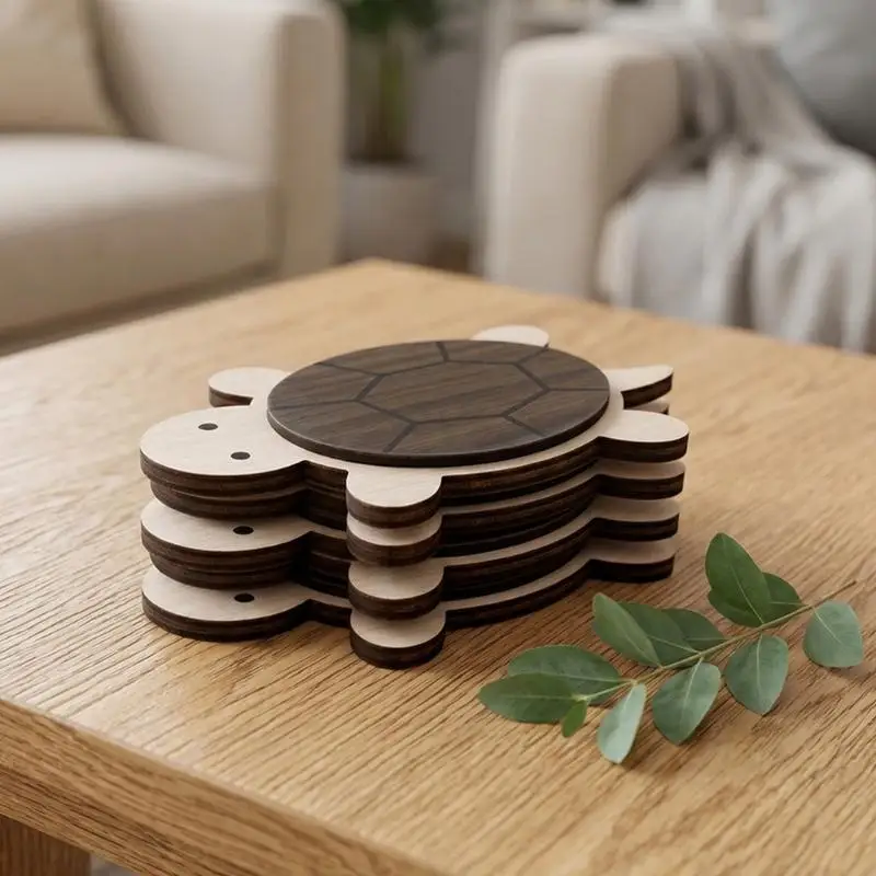 Tabletop Cup Coasters in Turtles Set of 4 with Layered Pattern, Heat Resistant Drink Holders Mats for Hot or Cold Drinkware on