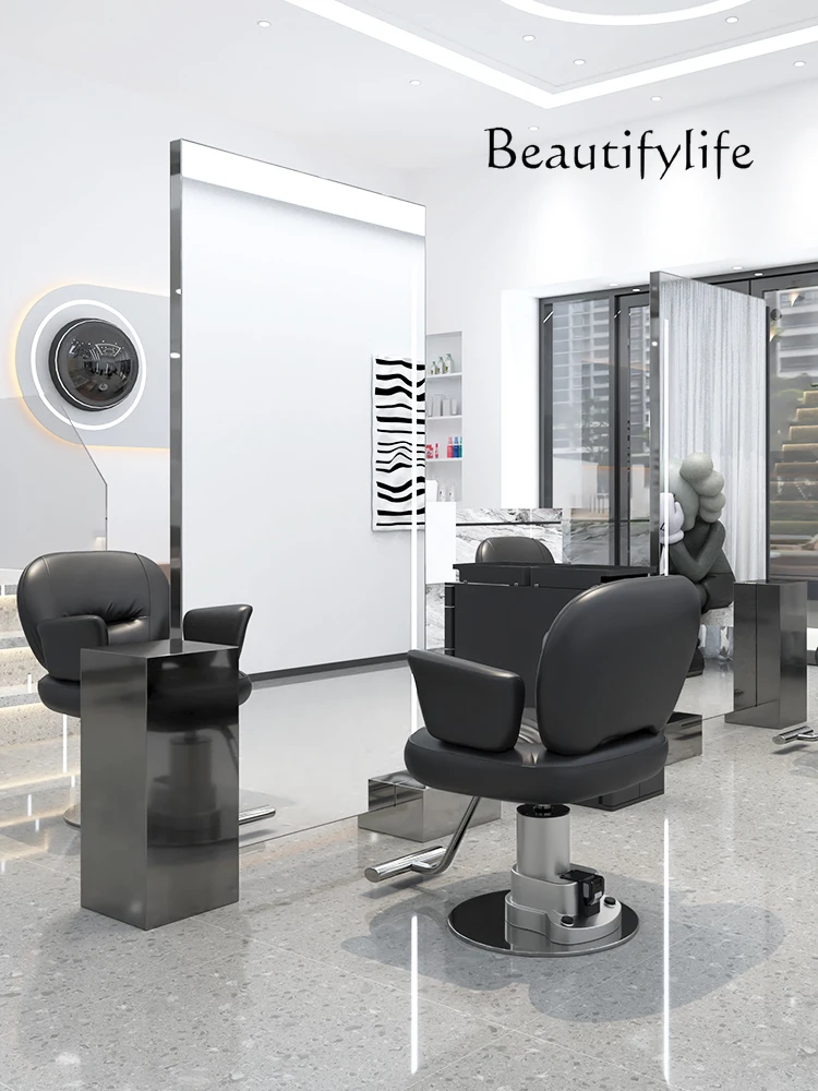 Hot Dyeing Barber Shop for Hair Salon Mirror with Light Double-Sided High-End Floor Dressing Table Cabinet Integrated