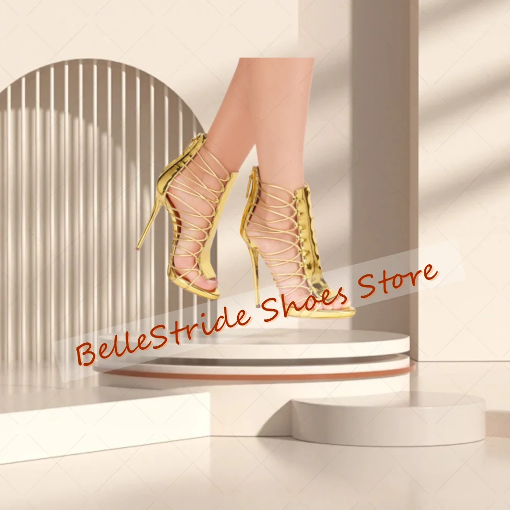 

Gold Back Zipper Round Toe Sandals Hollow Out Women Shoes Stilettos High Heels Party Banquet Dating 2025 Zapatos Para Mujere