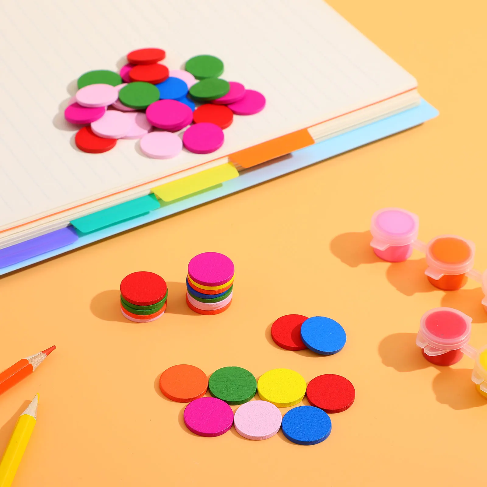 

100 Pcs Wooden Disc Learning Tool Assorted Colors Round Wood Piece Montessori Educational Toy Safe Environmental