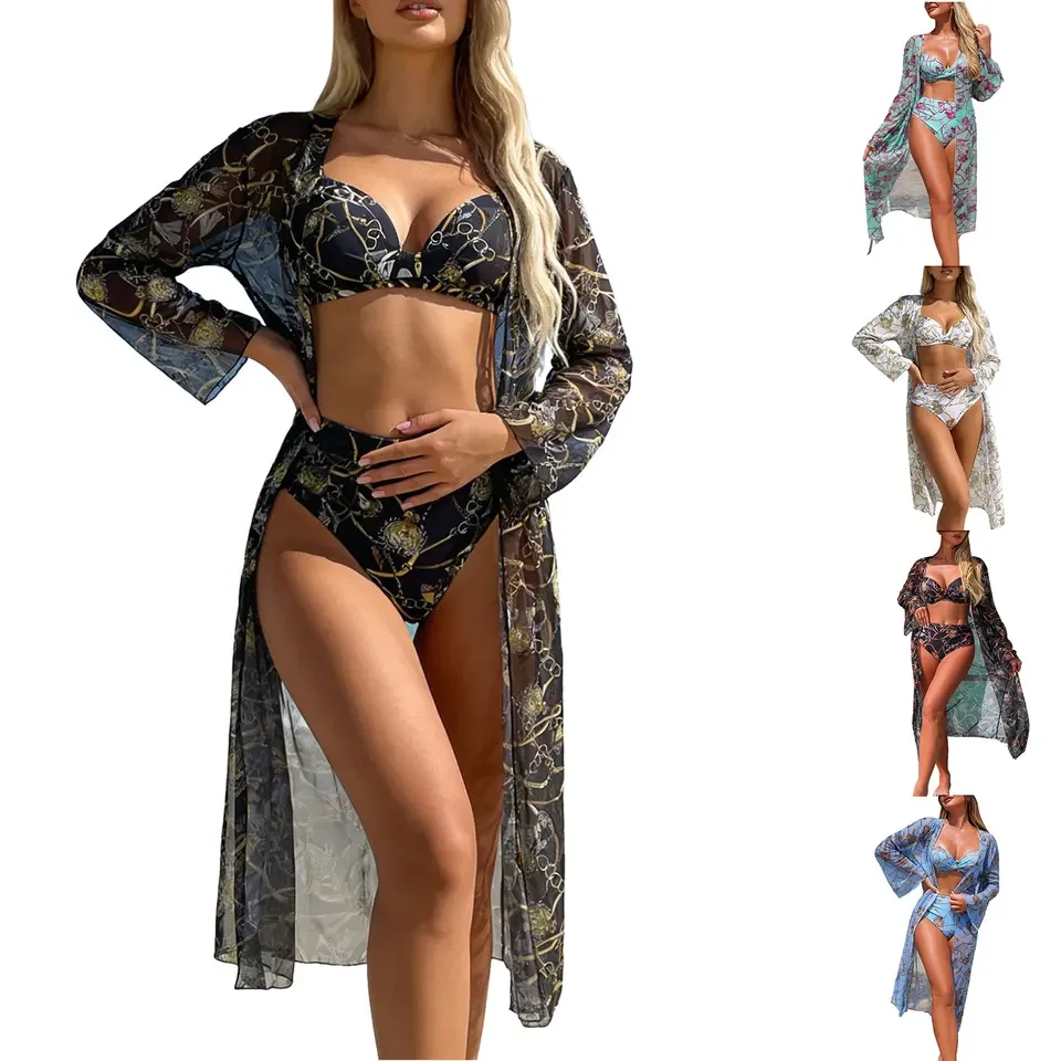 Womens High Waisted Bikini Sets Sporty Three Piece Swimsuits Color Block High Cut Bathing Suits New High Elastic Bikini Set