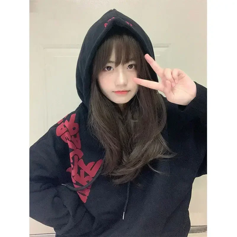 Black Oversized Hoodies Women Streetwear Vintage Letter Print Hooded Sweatshirts American Retro Hip Hop Casual Pullover Y2k