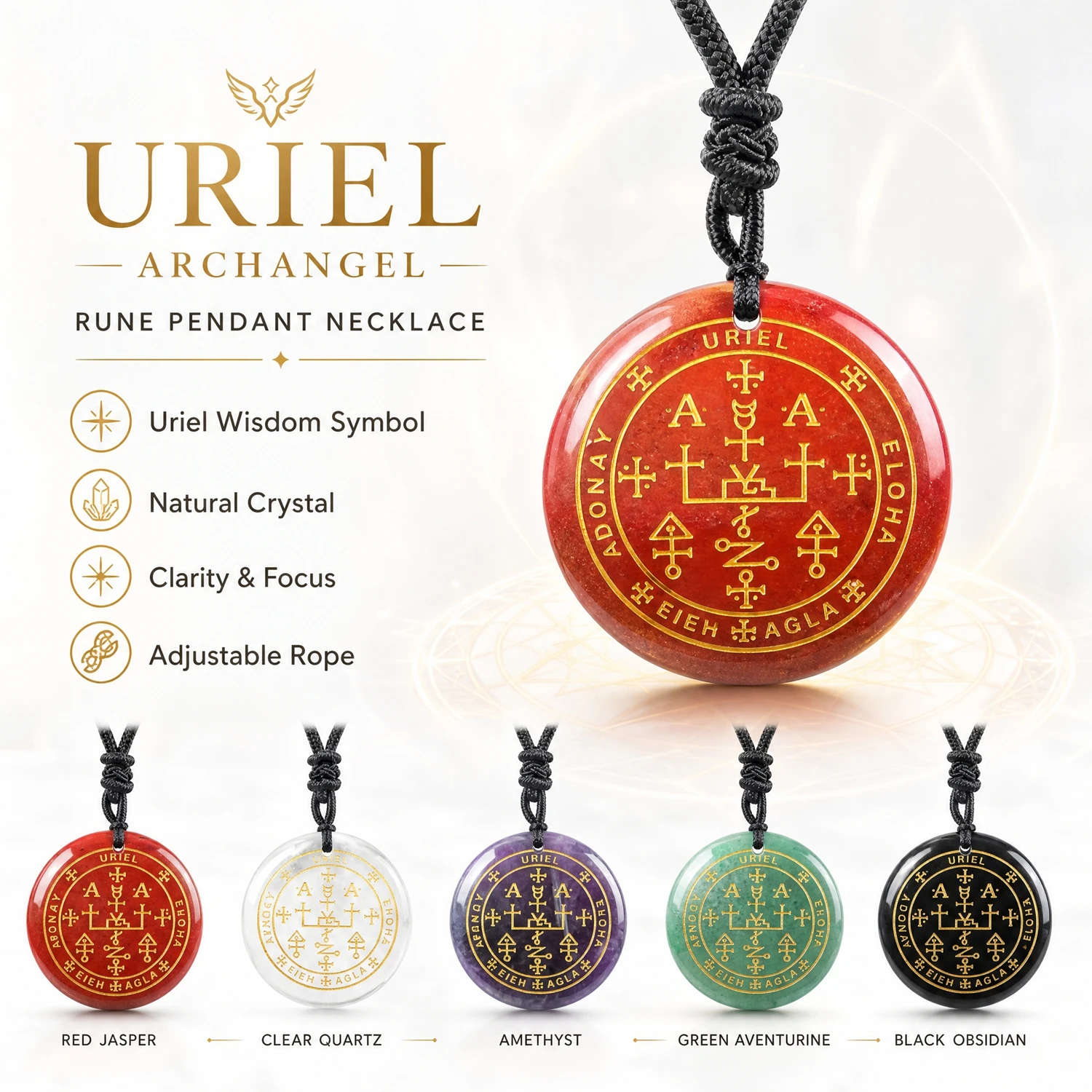 Uriel Archangel Wisdom Pendant Natural Crystal for Clarity And Focus Adjustable Rope Spiritual Jewelry for Men And Women