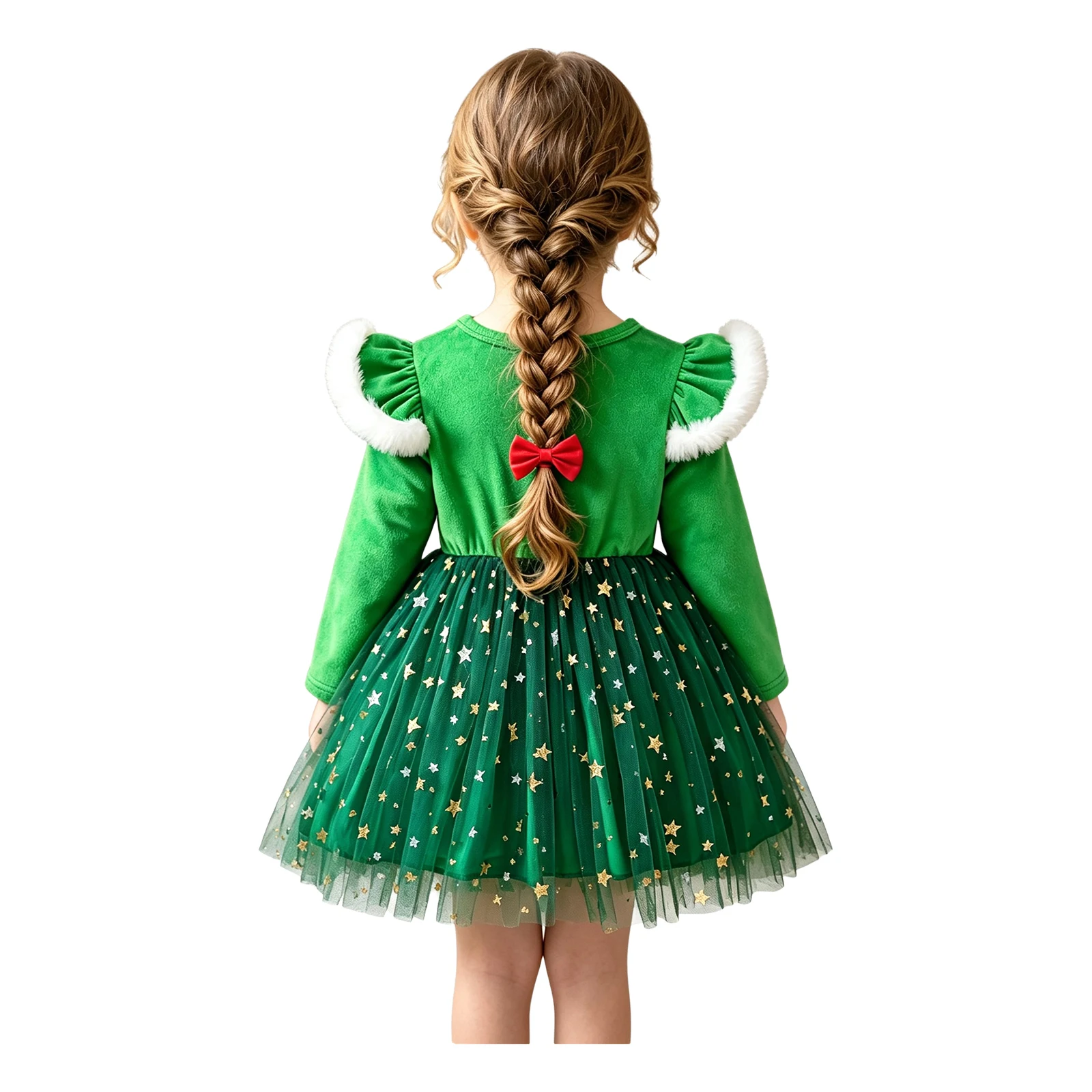 Christmas Eif Tutu Dress Girls Santa Ballet Dance Costume Ruffle Long Sleeves Velvet Bodice Sequin Star Tulle Dress And Hairband - view 2