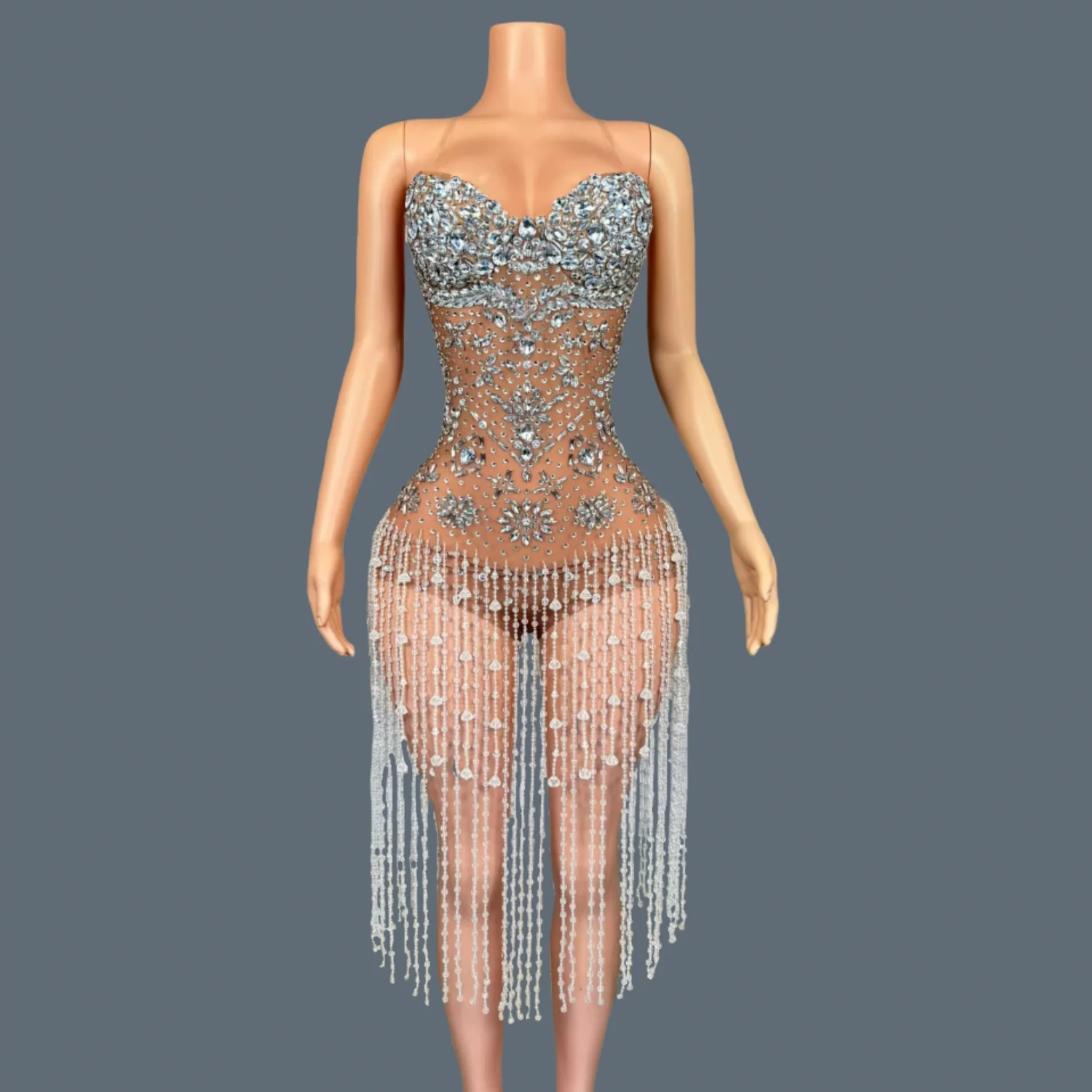 

High-end Long Rhinestone Tassel Bodysuit Night Party Brilliant High Cut Thong One Piece Leotard Luxury Crystals Onesie Yunshi