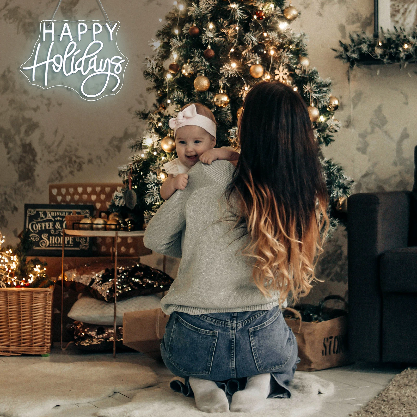 Happy Holiday Neon Sign USB Dimmable LED Light Up Sign Wall Decor For Christmas Party Windows Home Bedroom Bar