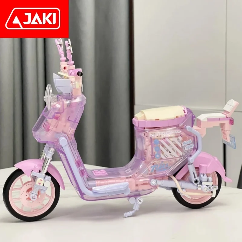 Bloques de construcción JAKI genuinos, modelos de motocicletas con luces, juguetes para bicicletas eléctricas, adornos de moda, regalos de Año Nuevo para niñas