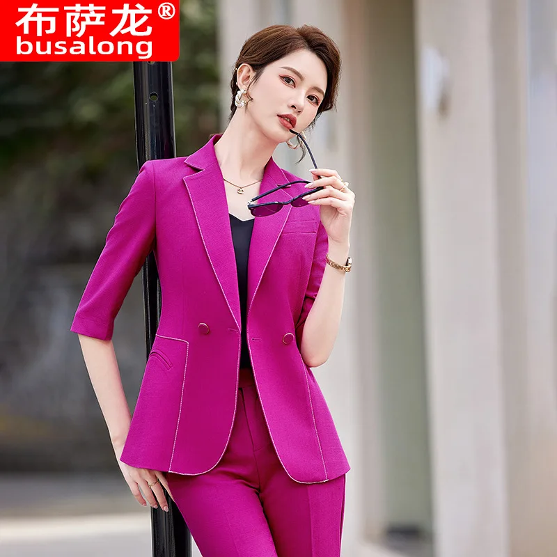 Business Suit Coat for Women2024New Rose Red Fashion Elegant Business Suit Suit Overalls Bell-Bottom Pants Two-Piece Suit