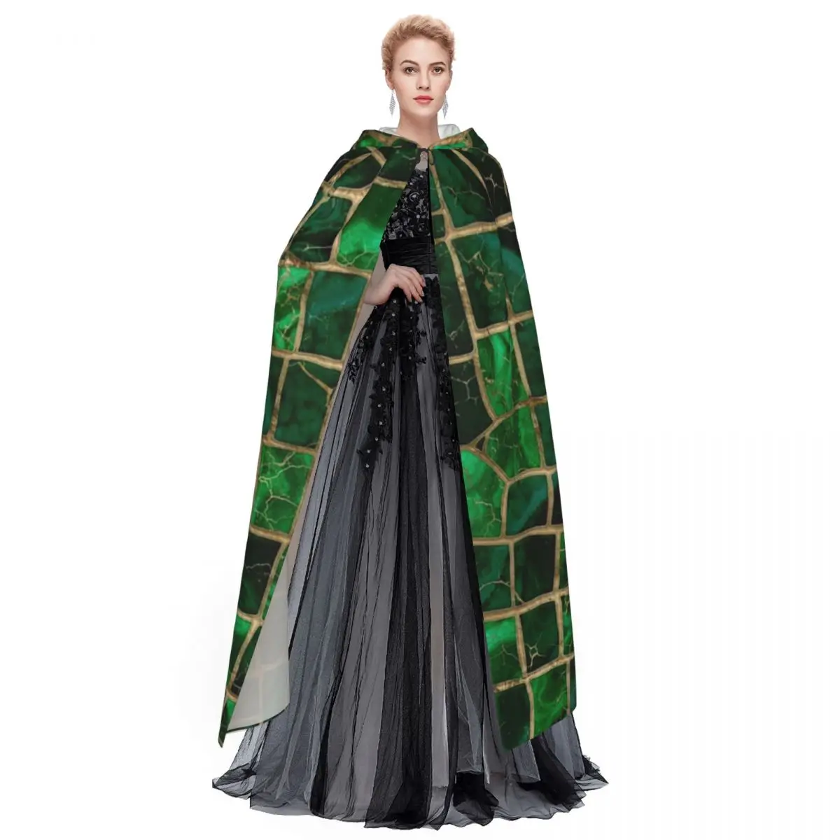 Faux krokodiltextuur malachiet en goud lange capuchon mantel heks middeleeuws kostuum cosplay cape Halloween jas volwassen unisex