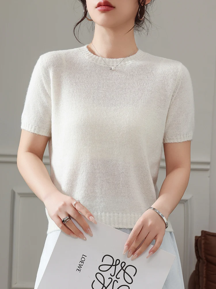 

Базовые женские футболки из шерстяной смеси для весны и лета, трикотажные пуловеры с коротким рукавом, тонкий джерси, женская одежда, топы, уютные блузки