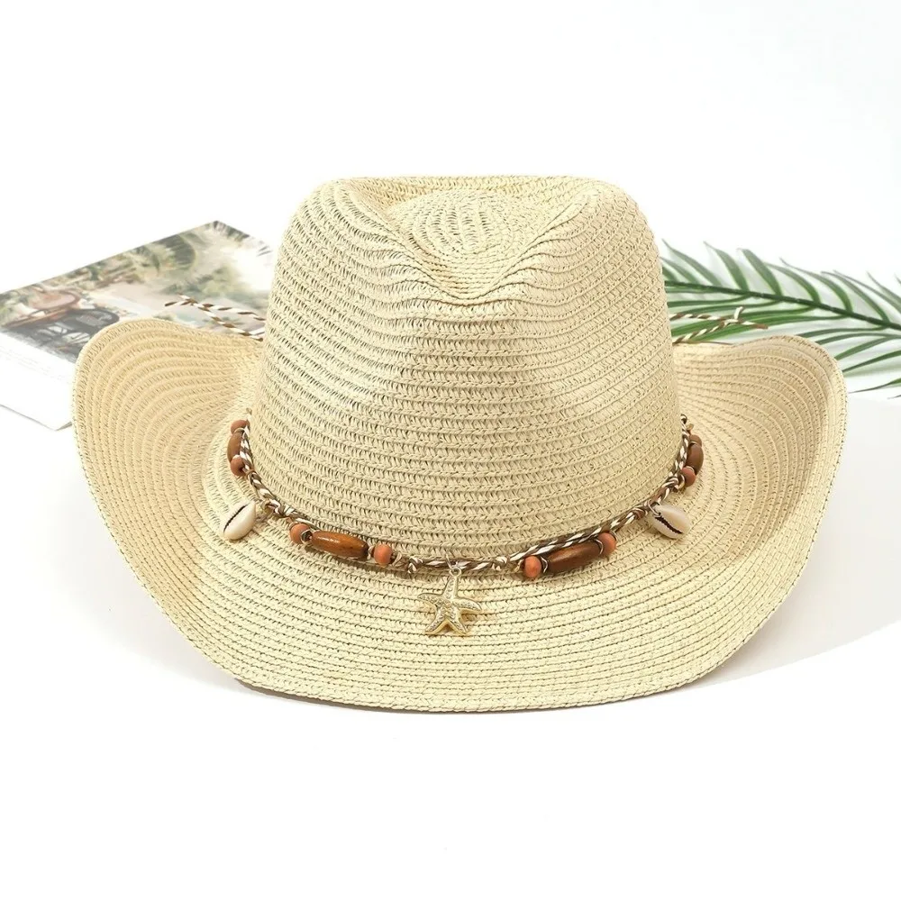 Western Style Acrylic Fibers Straw Cowboy Hat UV Protection Conch Shell Sun Hat Beaded Band Breathable Floppy Hat Pool