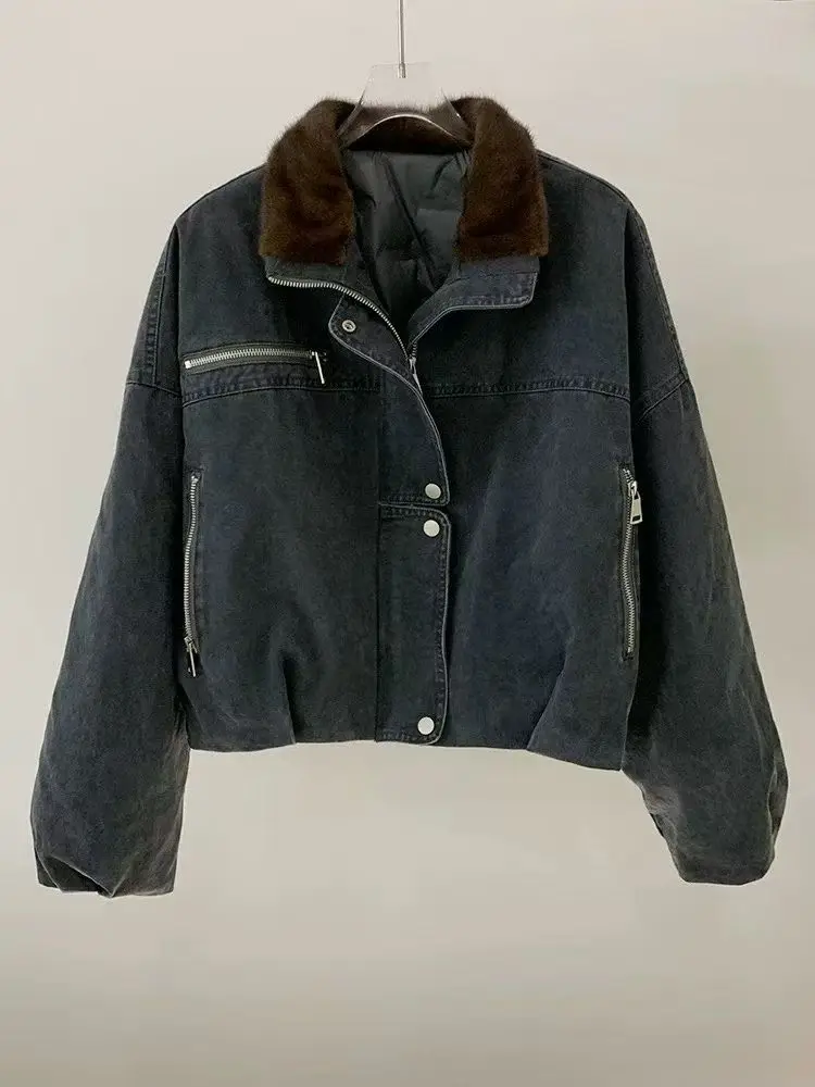 سترة شتوية جديدة لعام 2025 بياقة من فرو المنك الحقيقي الطبيعي سترة نسائية دافئة من قماش الدنيم ملابس خارجية نسائية سميكة فاخرة #6