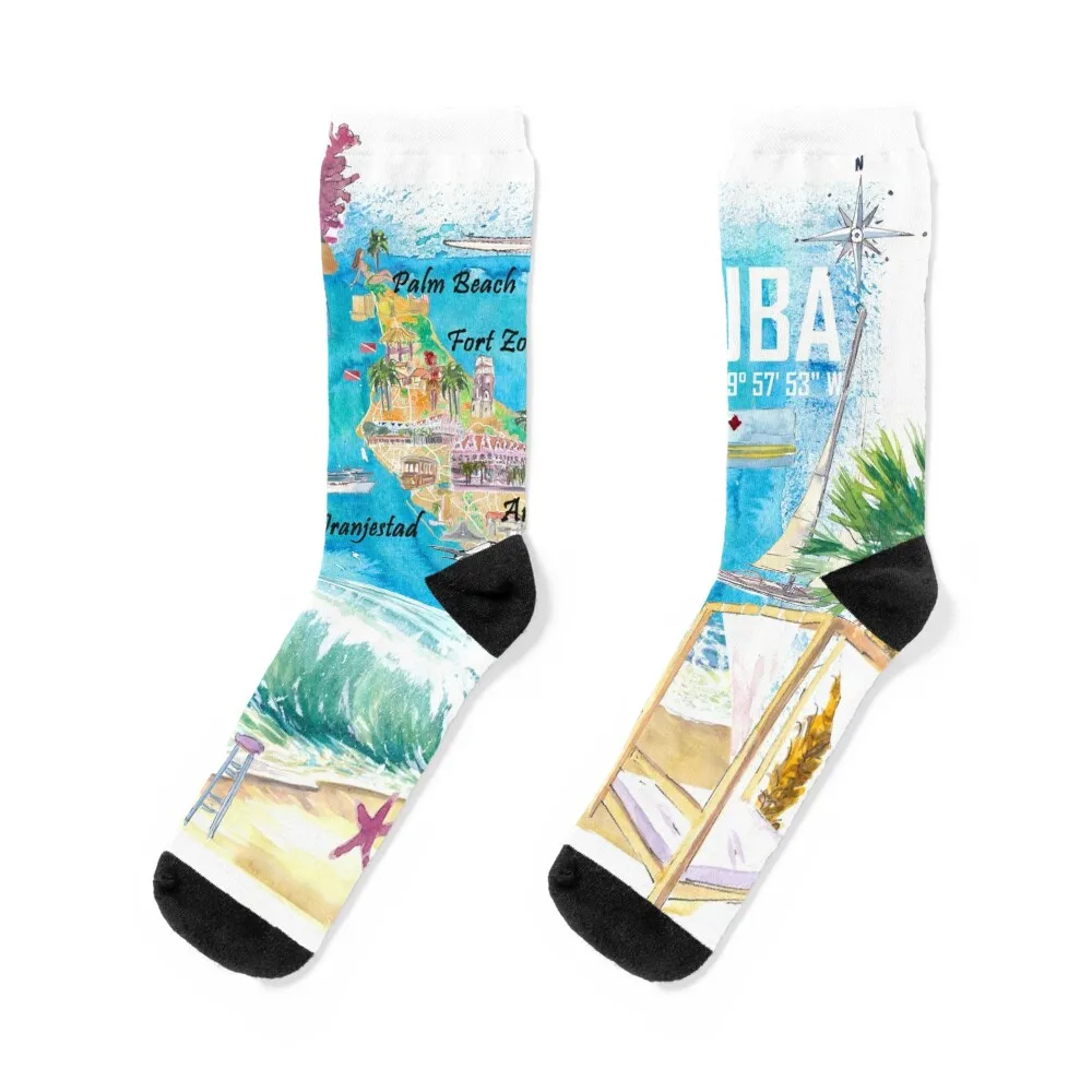 

Aruba Dutch Antilles Caribbean Island Illustrated Travel Map with Tourist Highlights Socks christmas gifts Socks For Man Women's