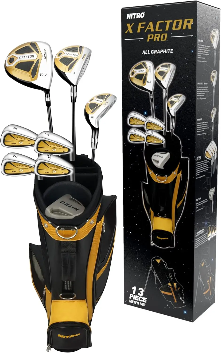 X Factor-Todo o conjunto de golfe de grafite para homens, destro, ouro e prata, 13 pcs