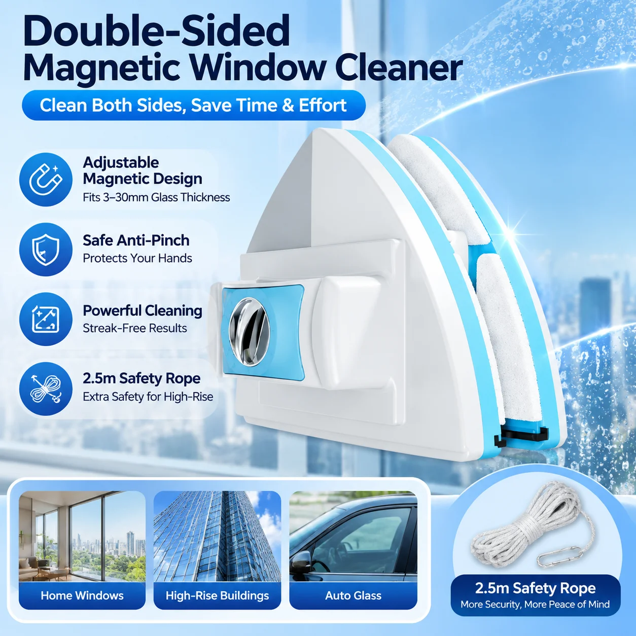 Double Sided Magnetic Window Cleaner,Adjustable Glass Wiper for 3-30mm Windows,High Rise Home Car Glass Cleaner with Safety Rope