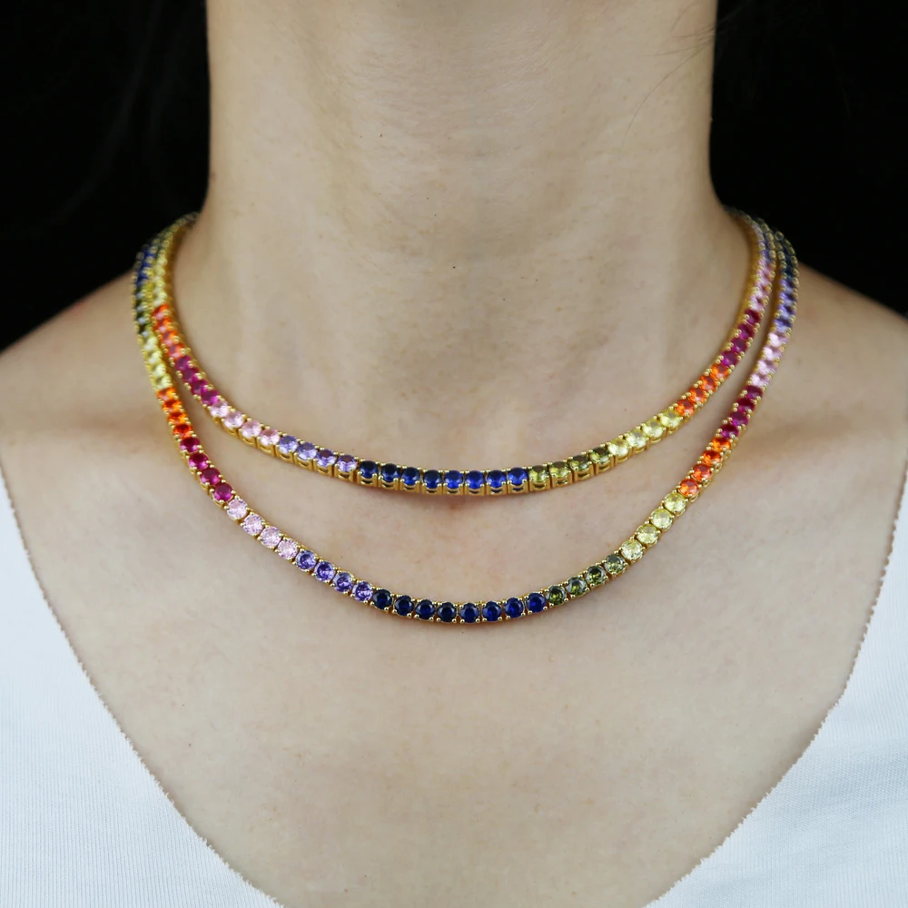 High Quality Rainbow Full 4mm Cz Paved Tennis Chain Choker Necklaces For Women Charm Gold Color Hip Hop Fashion Wedding Jewelry