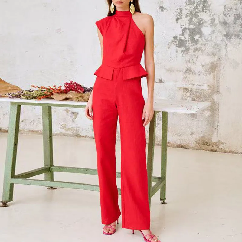 여름 신상 여성 스트레이트 팬츠 롬퍼 패션 불규칙 오프숄더 점프수트 캐주얼 솔리드 컬러 슬리브리스 홀터 플레이수트