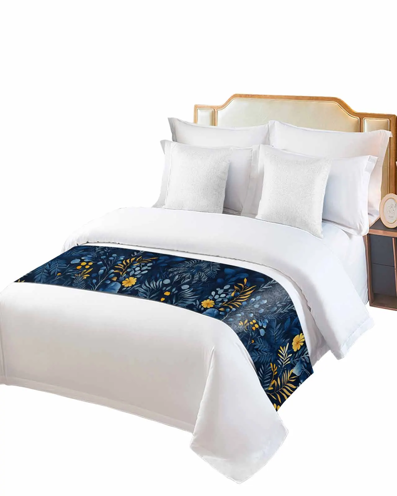 

Retro Blue Plant Bed Runner Luxury Hotel Bed Tail Scarf Decorative Cloth Home Bed Flag