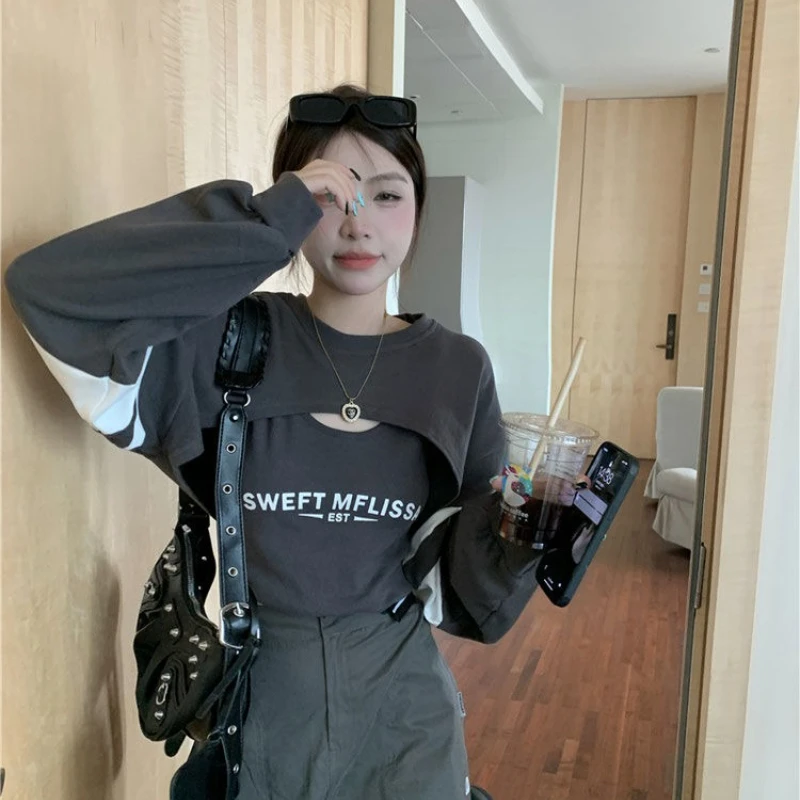 Lettre américaine courte à manches longues couches Blouse deux pièces ensemble femmes haut mince Sexy haute rue Harajuku polyvalent Smock nouveau haut