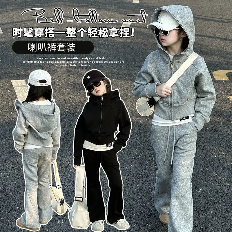 

Весенне-осенний детский комплект для девочек-подростков, детская одежда, укороченный топ с капюшоном + черные прямые штаны 4, 6, 7, 8, 9, 10, 11, 12, 14, 15 лет