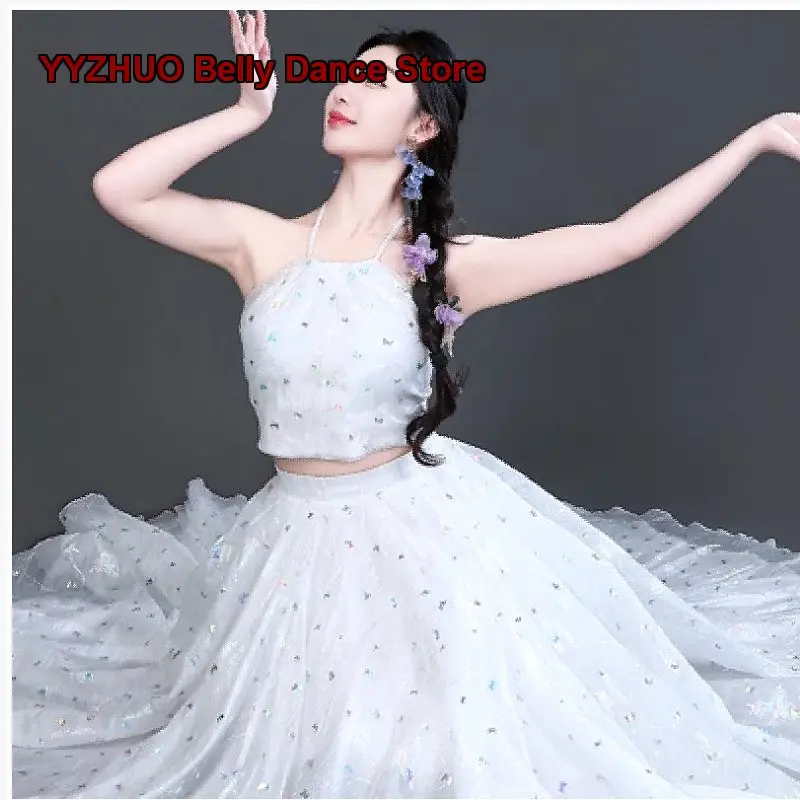 Women's Classical Rhinestone Butterfly Halter Neck Removable Pads Dance Top Adjustable Waist