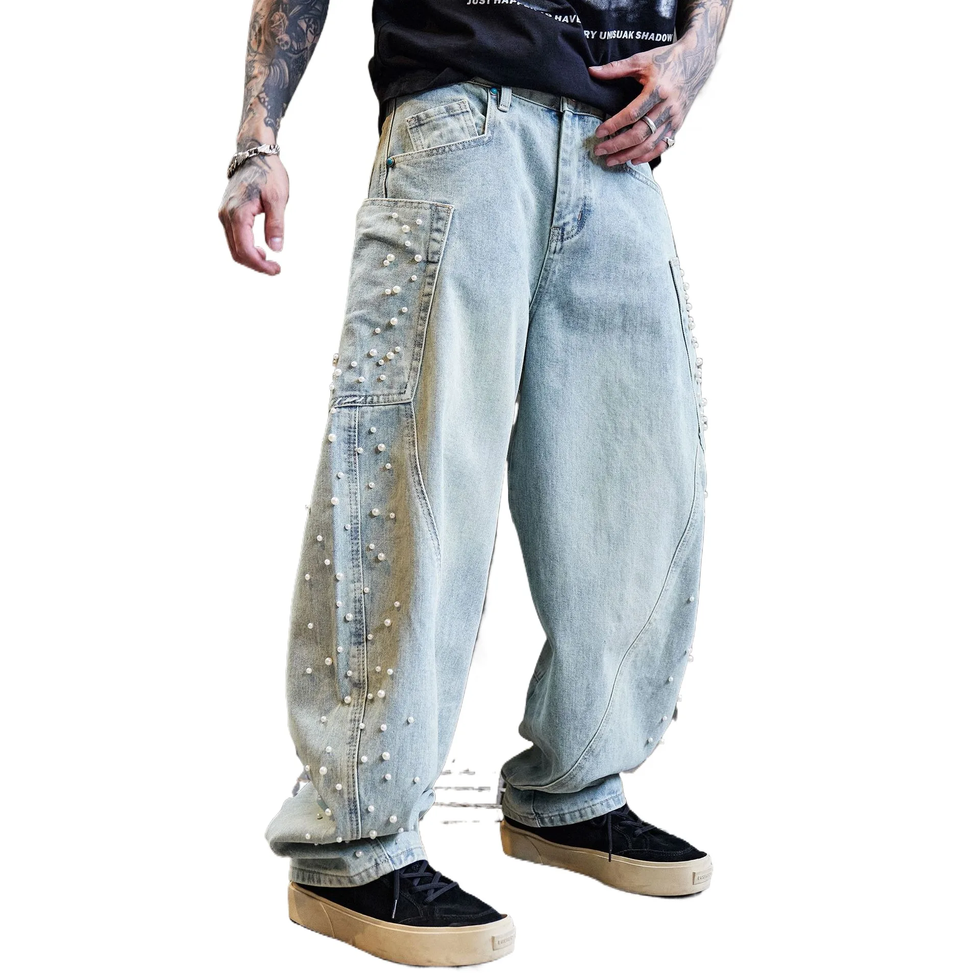 

Men's Loose Fit Vibe Style Hip Hop Jeans Pants With Pearls Fashion High Street Oversized Y2K Denim Trousers Washed Baggy Jeans
