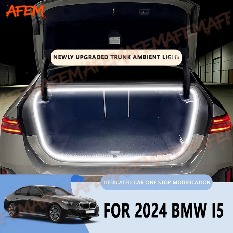 Modyfikacja oświetlenia bagażnika BMW i5 2024, oświetlenie ambientowe, białe, ciepłe białe, tylna listwa LED do bagażnika.