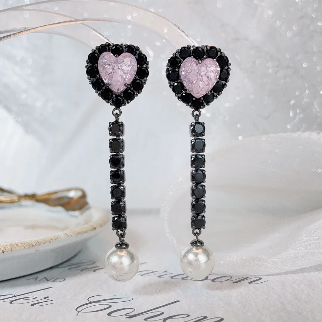 Bilincolor Fashionable Romantic Love Light Luxury Trend Black Pink Heart Color Zirconia Earrings for Women