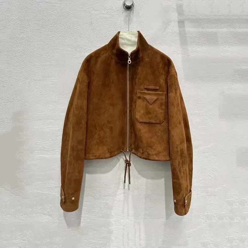 damesjas herfst 2025, nieuwe mode, korte lengte suède leren jas, opstaande kraag, kleding van hoge kwaliteit met lange mouwen