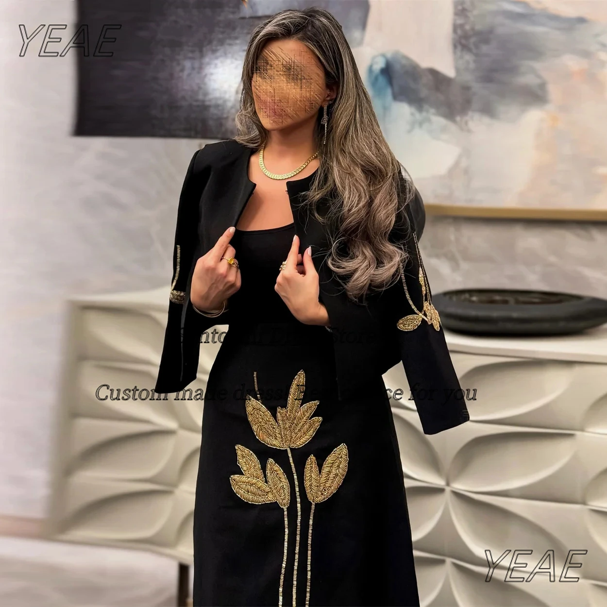 Santorini Black Satin Saudi Arabia Evening Dresses Beading Ankle Length Prom Dress Customized Long Sleeves Jackets Vestidos Des image 4