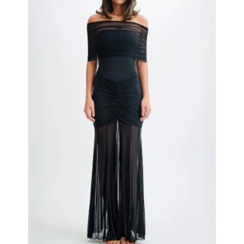 Femmes maille Patchwork une épaule longues robes Sexy sans manches plissé mince robe de soirée élégante solide robe de soirée automne robe