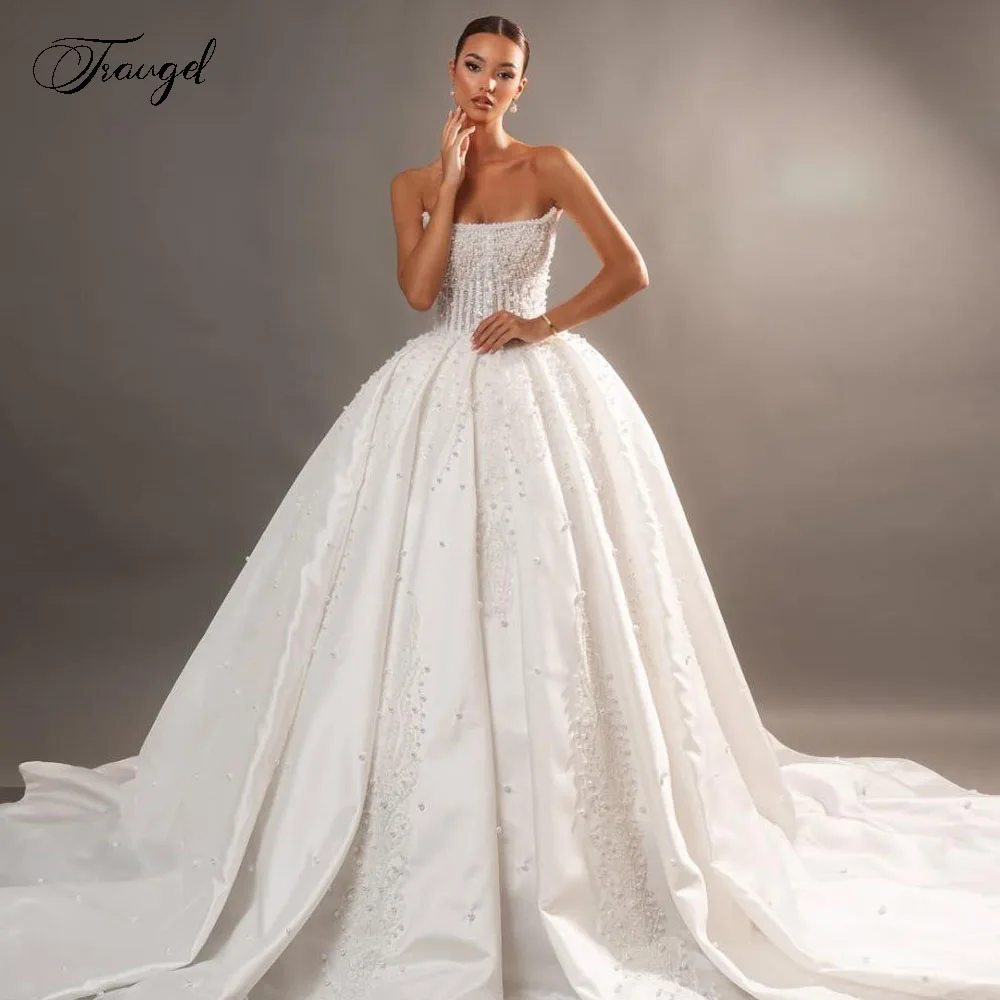 

Customized Strapless Ball Gown Wedding Dresses Lace Beaded Sequined Vestido De Novia For Women Matte Satin Robe De Mariee