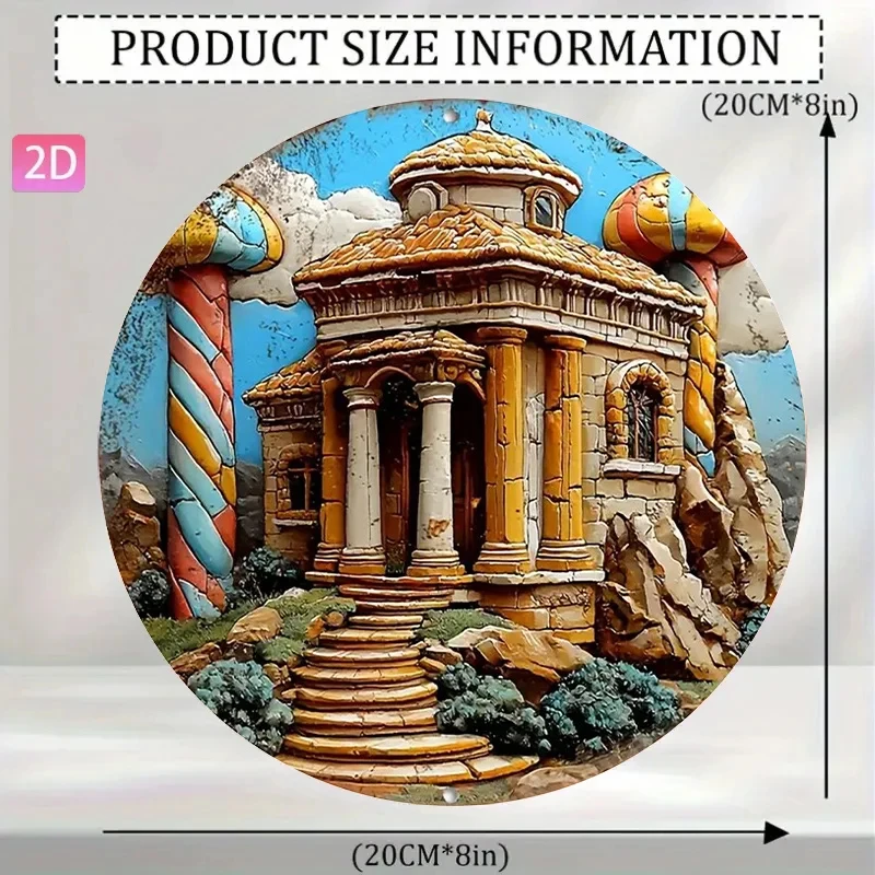 2D Flat High-Definition Metal Wall Art Fantasy Candyland House with Mushroom Pillars Metal Sign Round Wall Plaque Fantasy Land