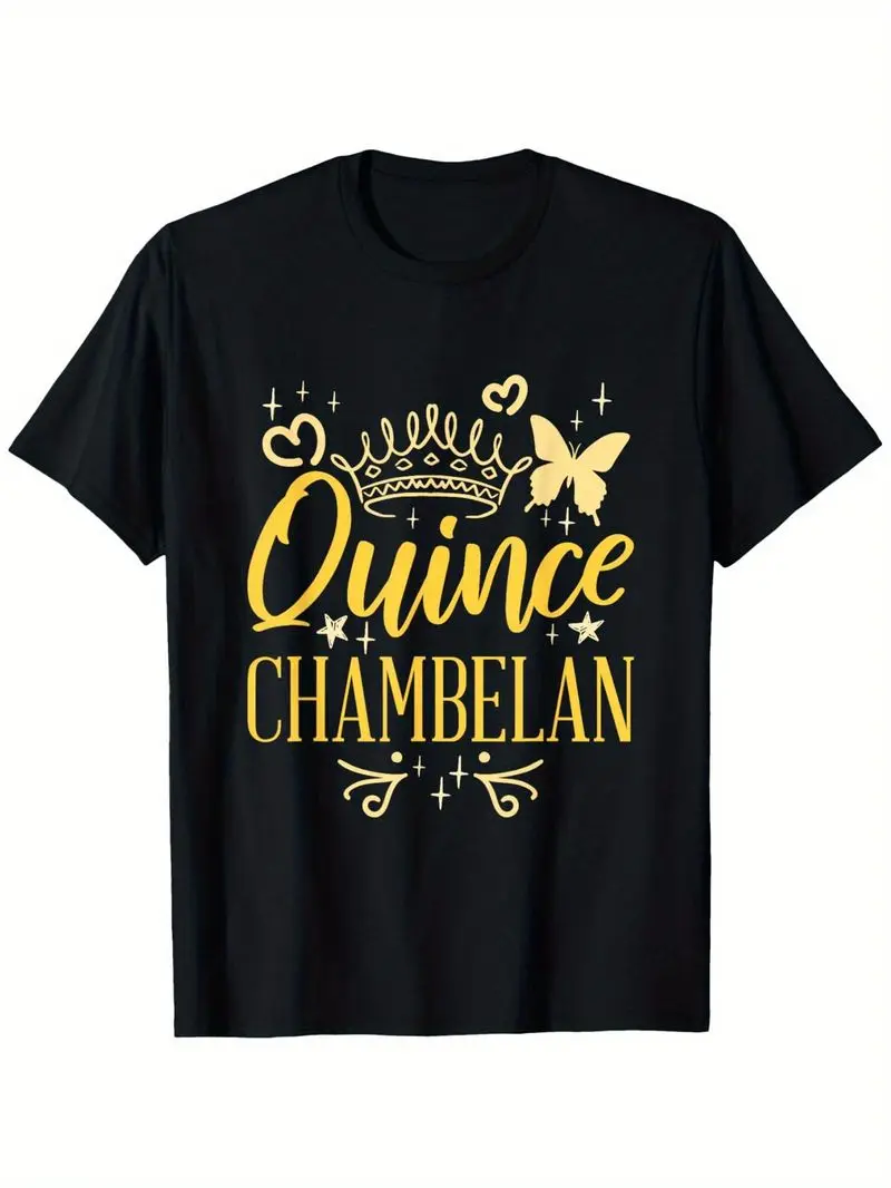 Men'S Quince Chambelan Graphic T-Shirt - Elegant Golden Butterfly & Crown Design with Spanish Word Print, Retro Style Round Neck Casual & Formal Shirt for Quinceañera Celebrations, Birthday Party Outfits - All-Season Fit Adult Men'S Apparel